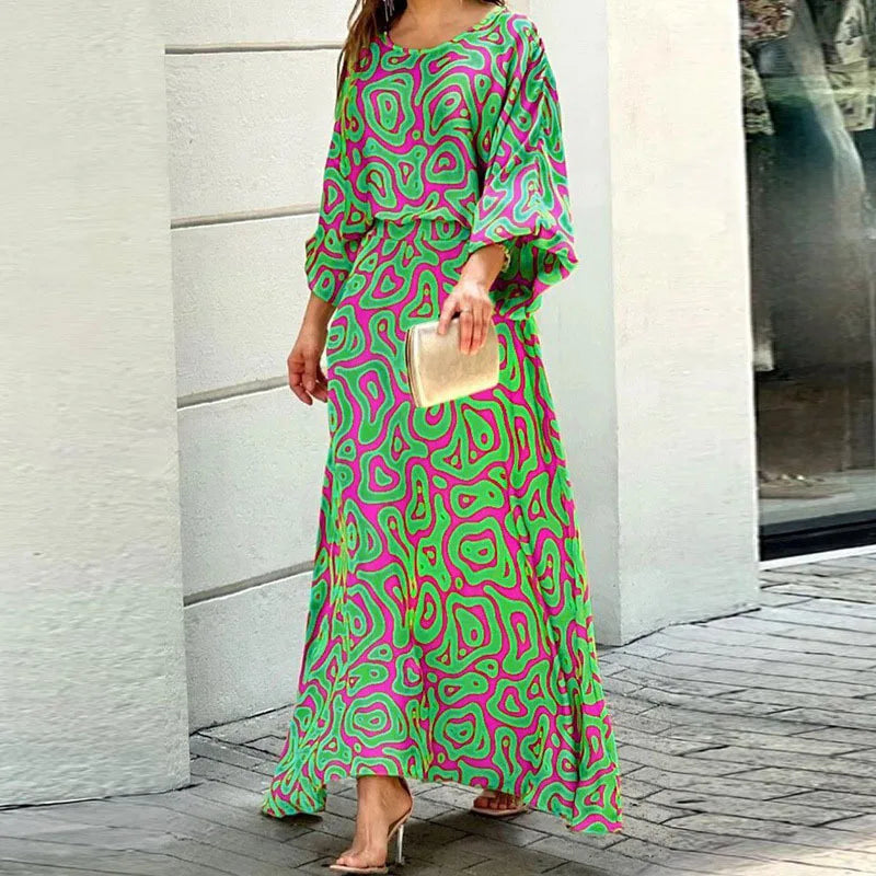 Elegant flowy maxi dress for women, perfect for formal occasions & parties. Versatile vibrant long dress.