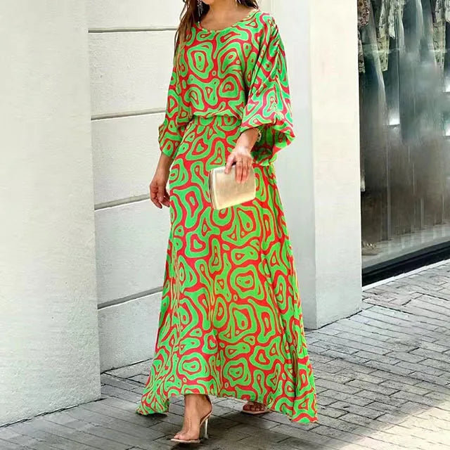 Long, vibrant flowy maxi dress for women. Elegant & comfortable for formal events, summer, or evening parties.