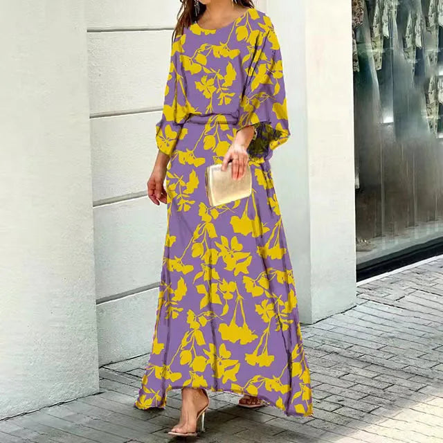 Vibrant women's flowy maxi dress, ideal for summer parties, evening wear, or formal occasions. Flattering fit.