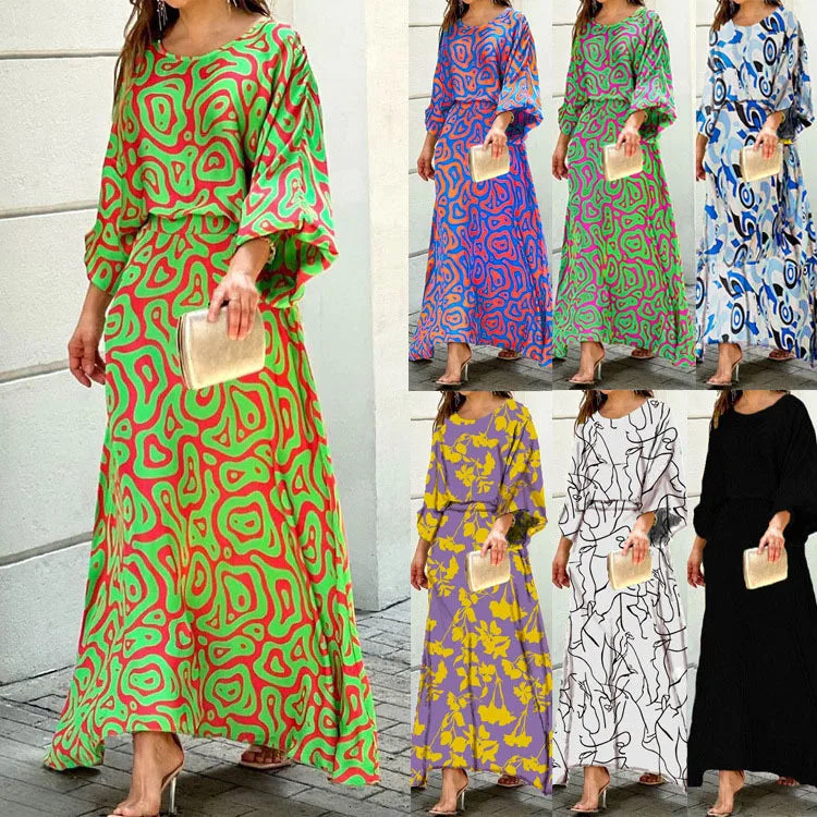 Elegant women's flowy maxi dress. Vibrant, flattering formal wear & party dress for versatile occasion styling.