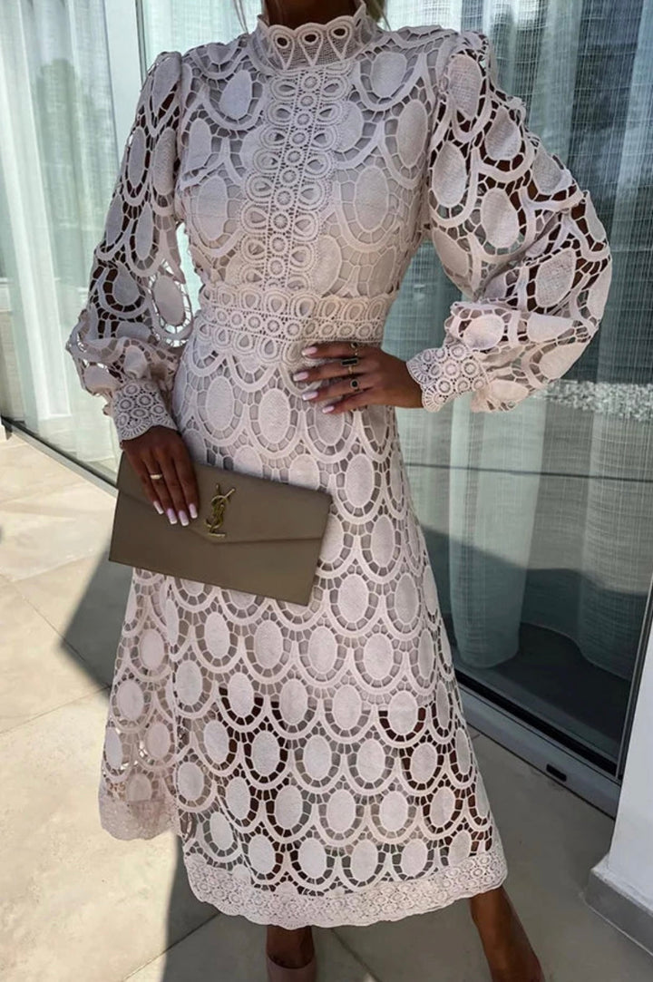 Chic apricot high neck openwork midi dress for women. Also available in black, pink & white. Long sleeves.