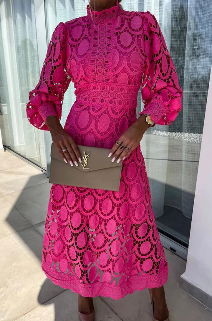 Elegant women's high neck openwork midi dress with long sleeves. Perfect for parties and sophisticated events.