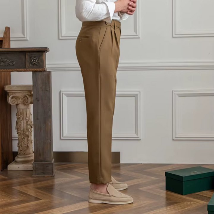 Camel elegant pleated trousers, a refined chino option for men.