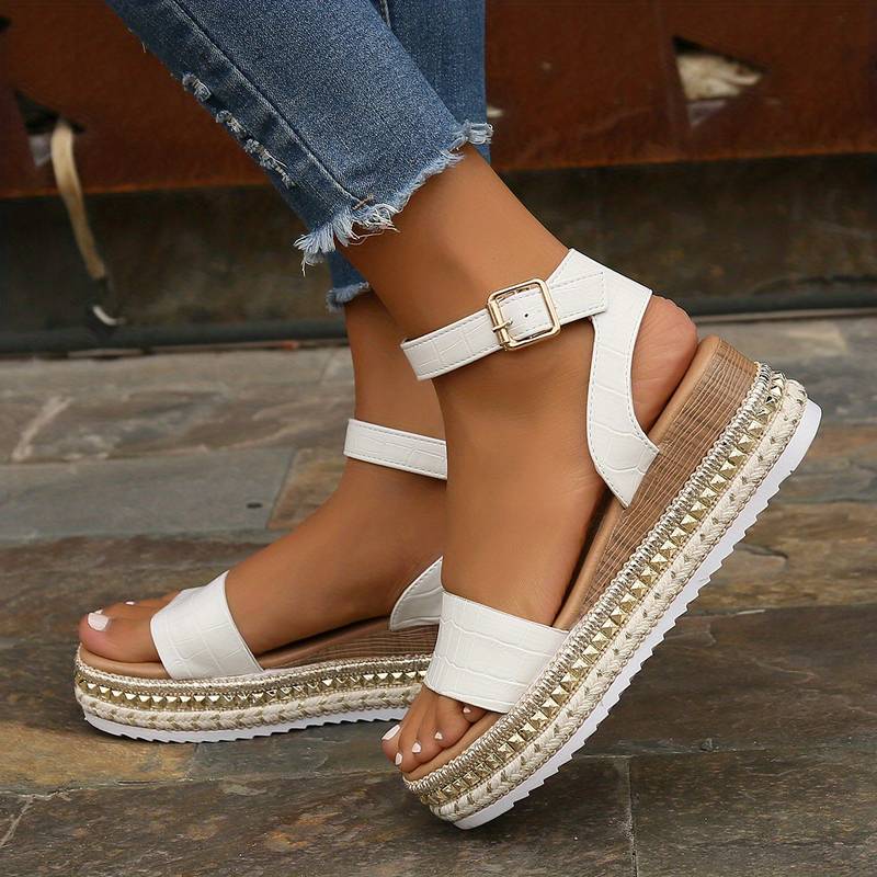 Women's platform strap sandals in apricot, black, and white, versatile for summer & holiday style.
