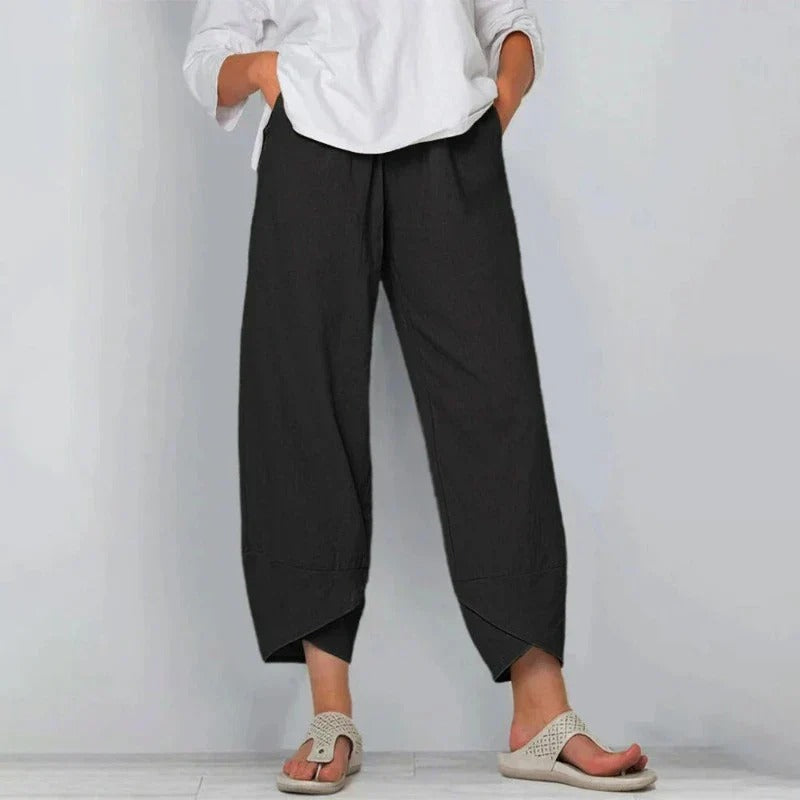 Relaxed fit women's balloon pants in a casual chic summer style featuring a unique tulip hem.
