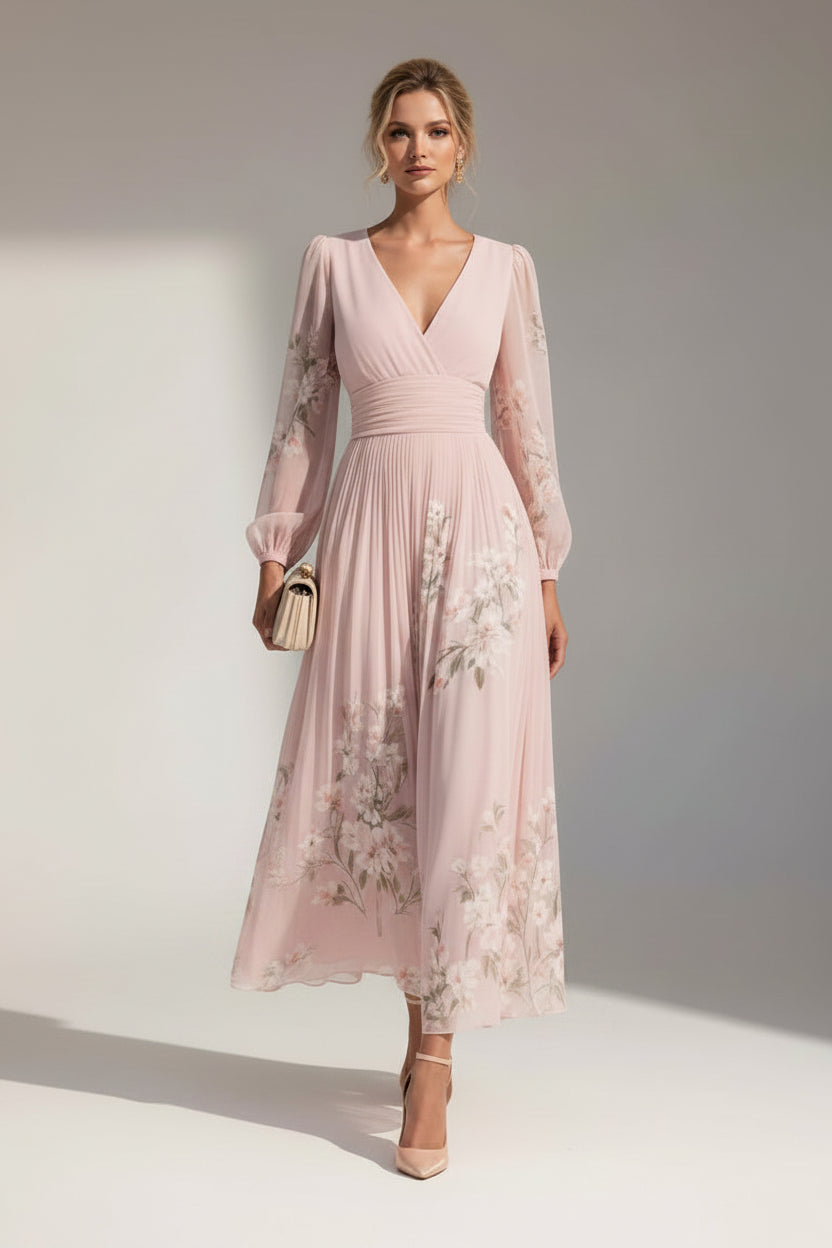 Elegant women's floral midi dress with a flowy silhouette, perfect for summer casual or spring occasions.
