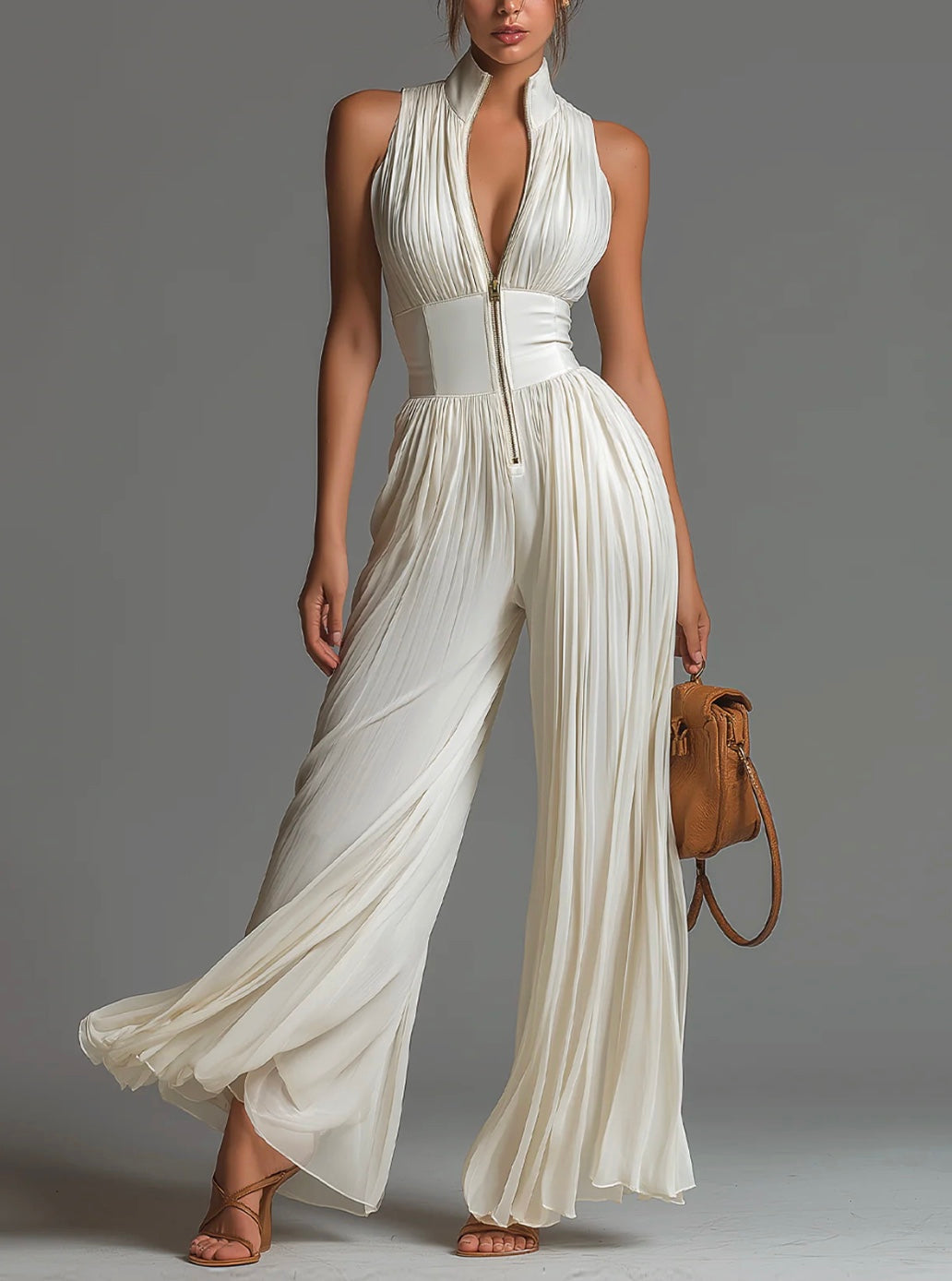 Elegant women's V-neck sleeveless pleated wide-leg jumpsuit, ideal for sophisticated evening wear.