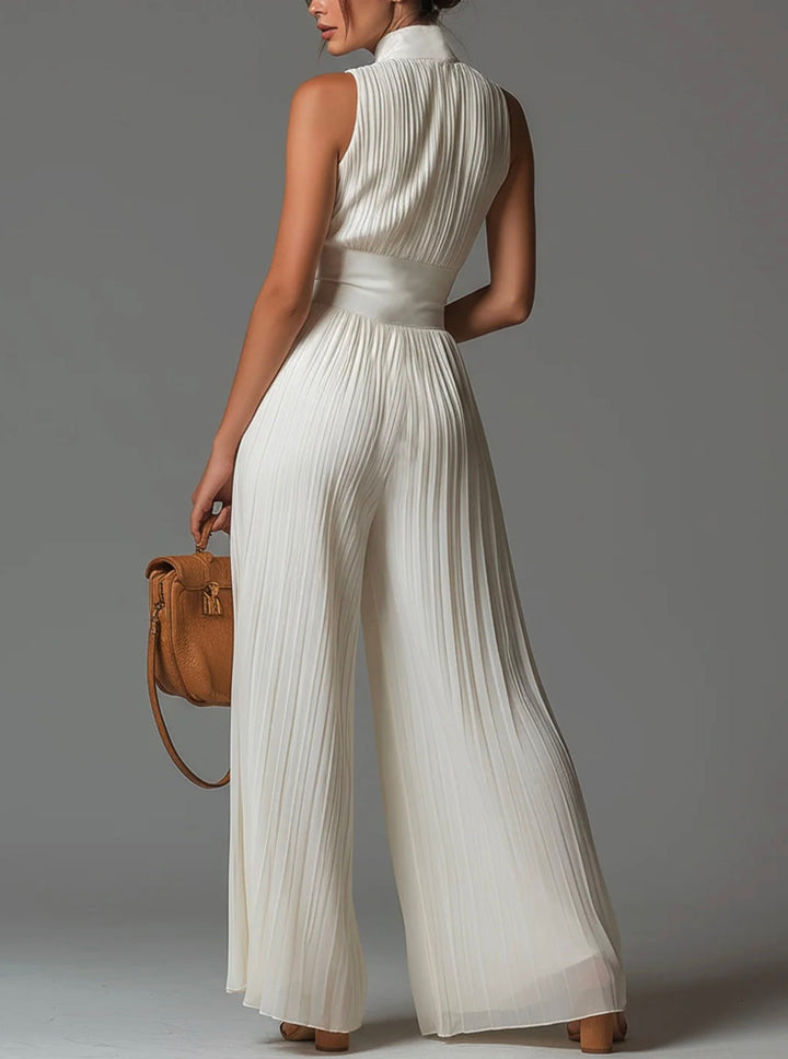 Versatile women's V-neck pleated wide-leg jumpsuit, perfect for elegant evening wear or special occasions.