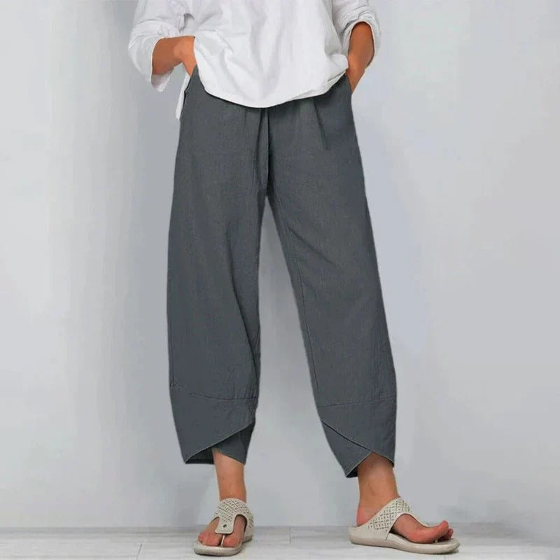 Flowy women's wide leg balloon pants with an elegant tulip hem, perfect comfortable trousers for holidays.