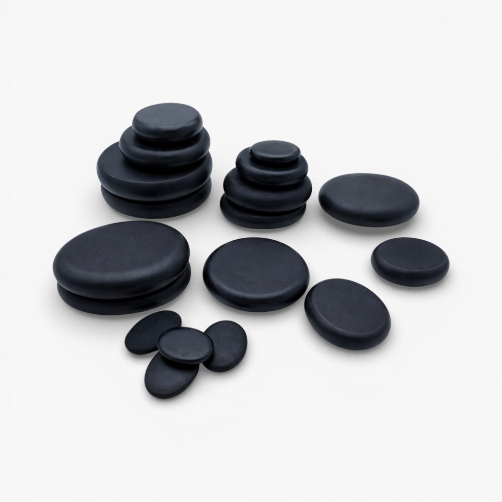 Complete professional hot stone massage kit featuring an adjustable heater for therapeutic spa sessions.