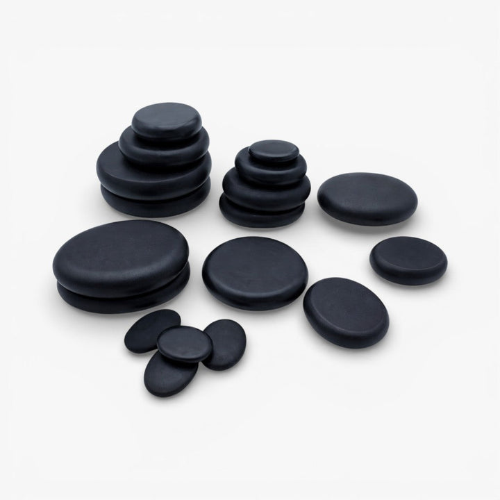 Complete professional hot stone massage kit featuring an adjustable heater for therapeutic spa sessions.
