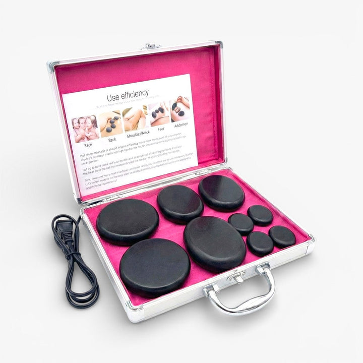 Professional hot stone massage set with electric heater & natural basalt stones for deep muscle relaxation.