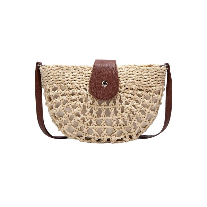 Women's braided straw shoulder bag with web design, perfect for summer casual and elegant outfits.