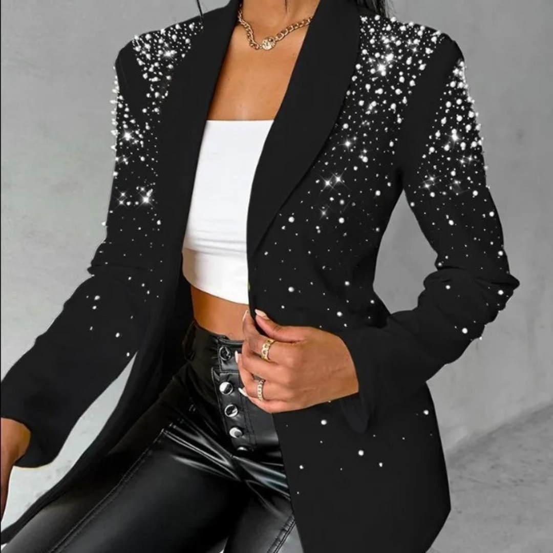 Versatile women's slim blazer, modern design with chic pearl accents, suitable for office or stylish everyday looks.