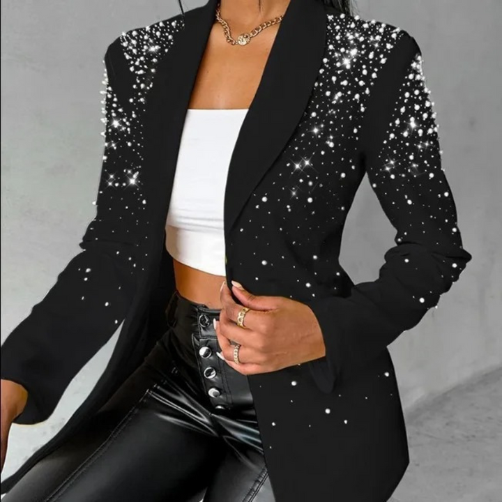 Versatile women's slim blazer, modern design with chic pearl accents, suitable for office or stylish everyday looks.