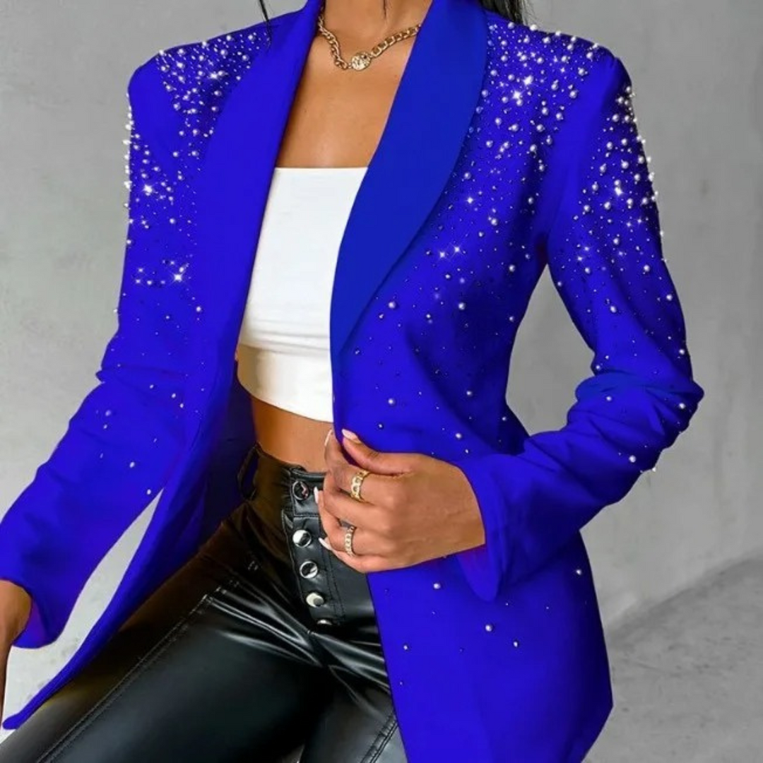 Chic women's tailored blazer with sophisticated pearl details, offering a modern and polished look for any occasion.