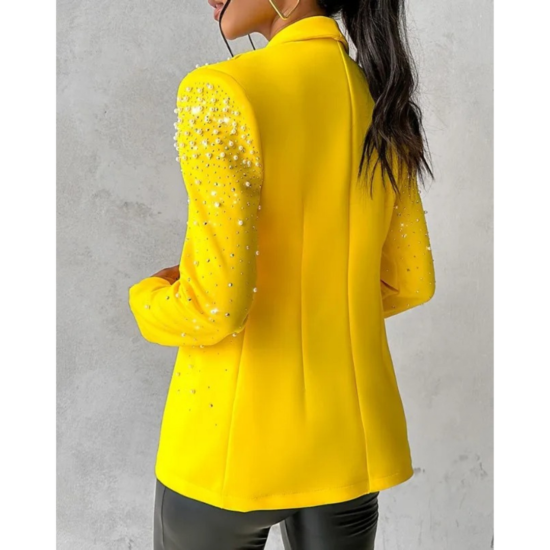 Women's slim-fit blazer with elegant pearl embellishments, perfect for formal and office wear.