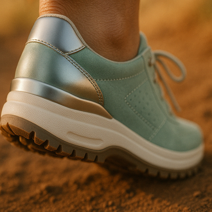 Durable women's walking sneakers, a platform wedge design with lace-up and zip closure.