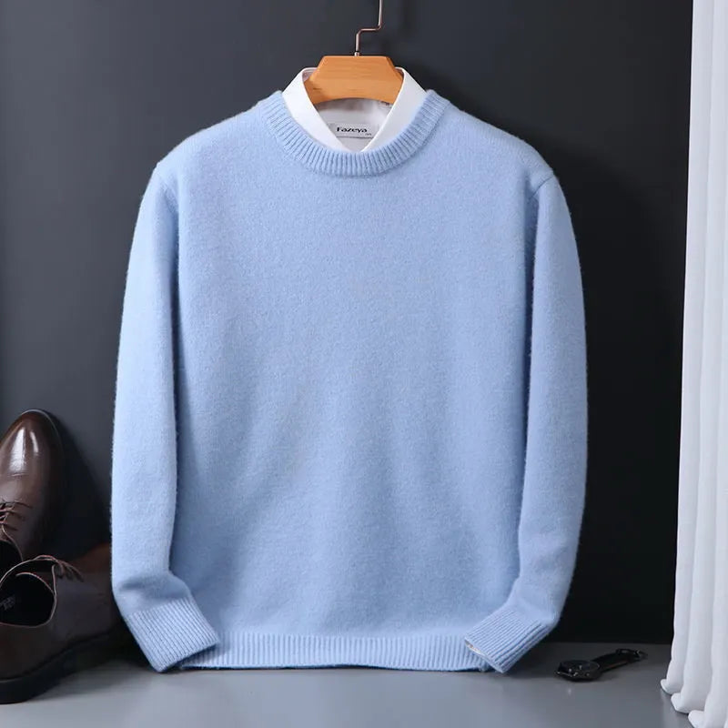 Classic men's round neck pullover sweater in a soft knit, long sleeve, providing comfort and timeless style.