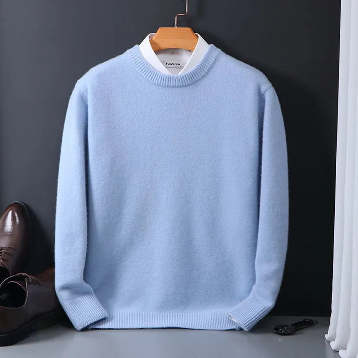 Classic men's round neck pullover sweater in a soft knit, long sleeve, providing comfort and timeless style.