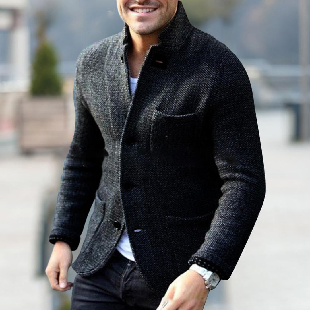 Men's stylish casual button-down jacket with stand collar. Perfect everyday outerwear for fall/spring fashion.