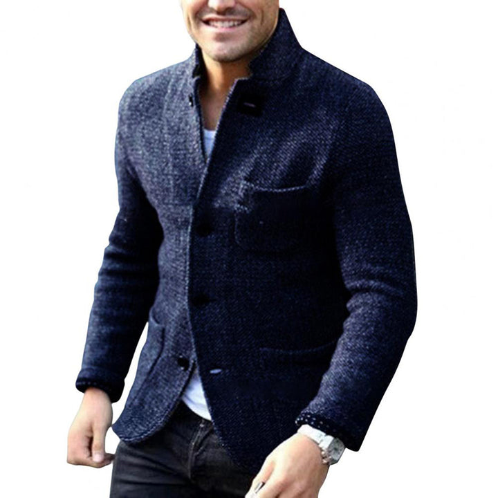 Everyday men's casual jacket with button-down front and stand collar. Stylish and versatile fall/spring outerwear.