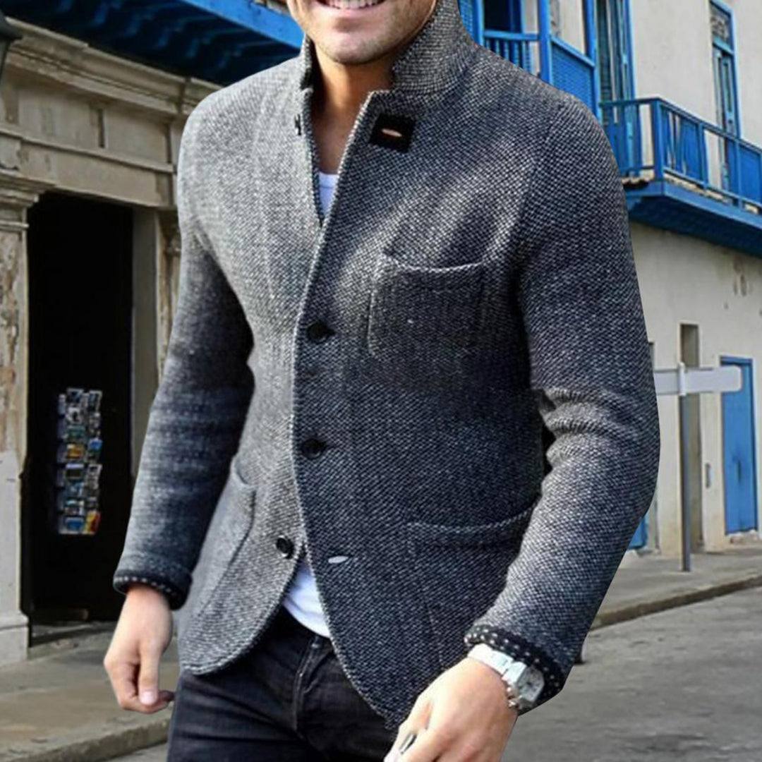 Stylish men's button-down jacket, a fashionable casual outerwear piece with a stand collar for everyday wear.