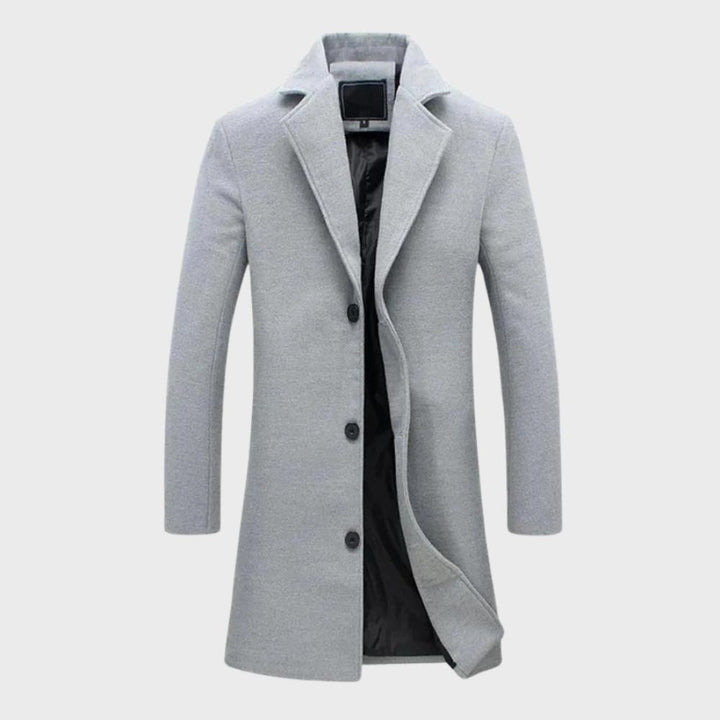 Stylish men's long winter overcoat, designed for timeless appeal and warmth in classic men's outerwear.