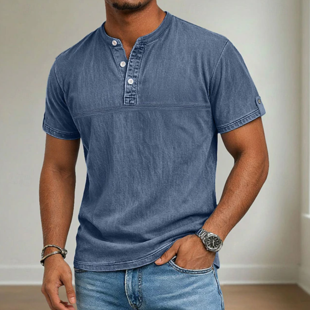 Stylish men's henley shirt, short sleeve with a stand collar, blending modern design and summer comfort.