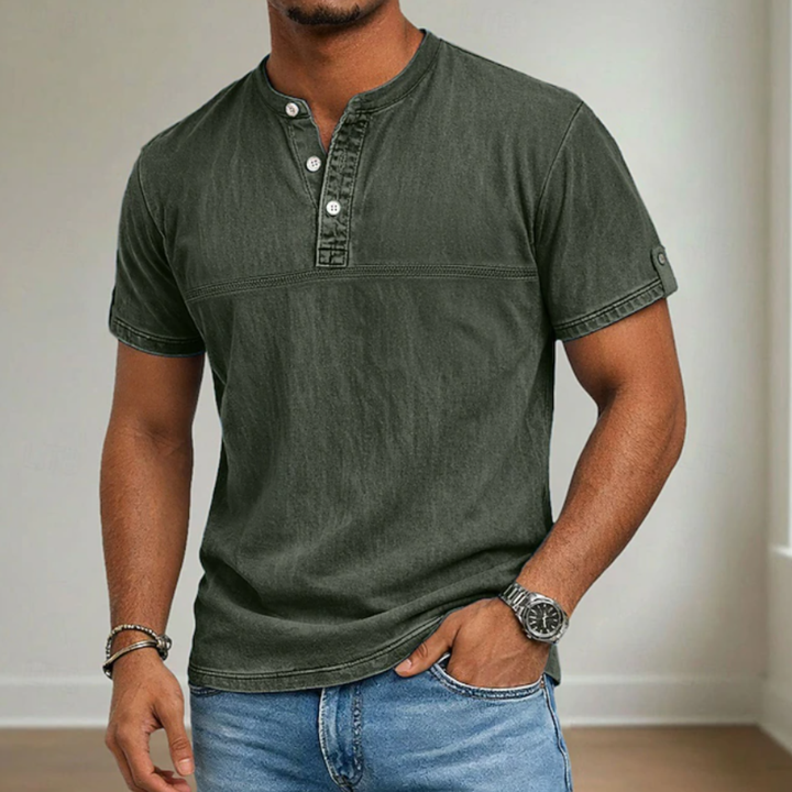 Everyday wear men's henley shirt, featuring a distinct stand collar and short sleeves for summer fashion.