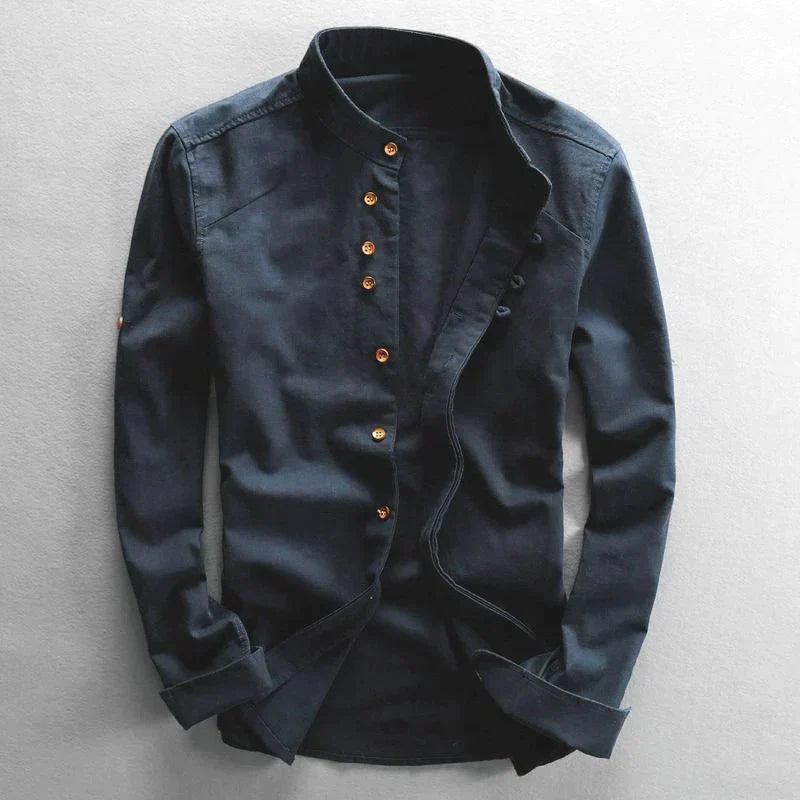 Men's band collar button-down shirt with long sleeves, perfect for modern casual & smart casual wear.