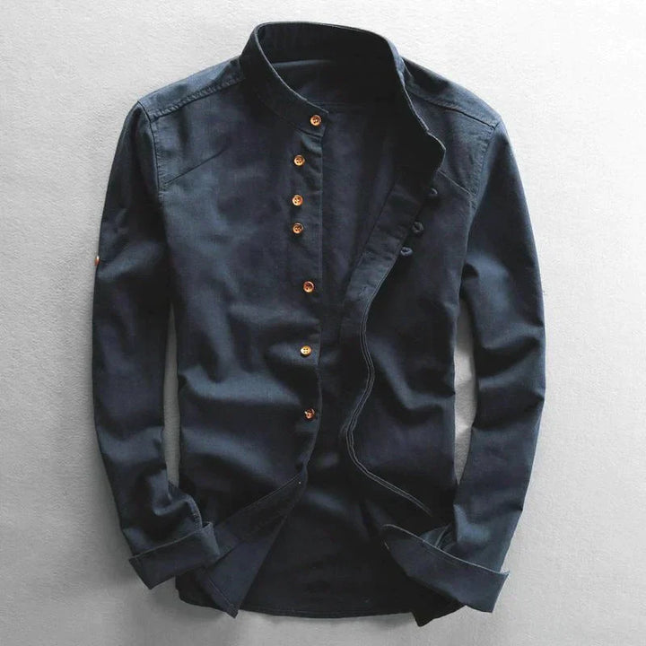 Men's band collar button-down shirt with long sleeves, perfect for modern casual & smart casual wear.