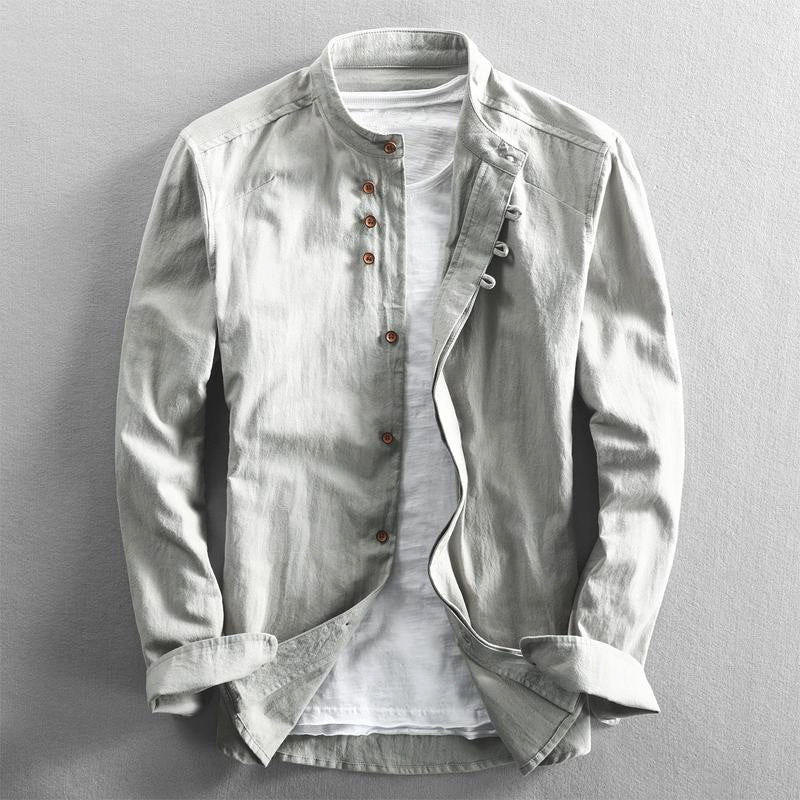 Comfortable men's modern band collar button-down shirt, long sleeve for stylish everyday and casual wear.