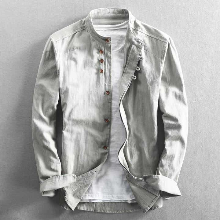 Comfortable men's modern band collar button-down shirt, long sleeve for stylish everyday and casual wear.