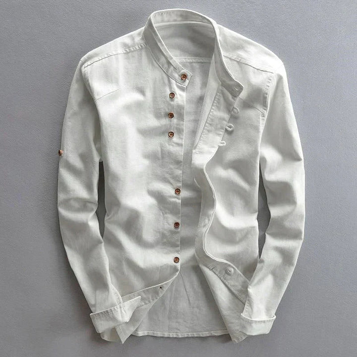 Stylish men's band collar shirt, button-down with roll-tab sleeves for versatile everyday and smart casual looks.