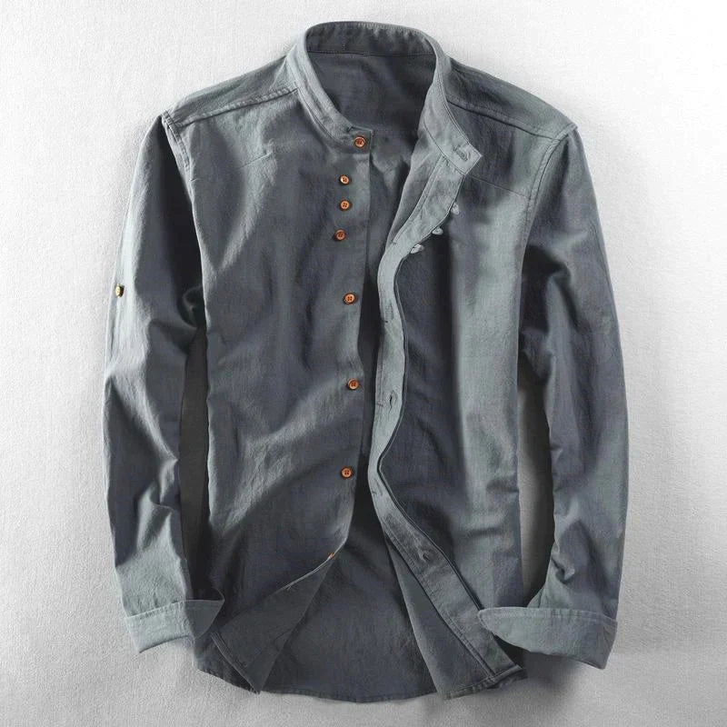 Modern men's band collar button-down shirt with shoulder yoke, long sleeve for a smart casual and versatile look.