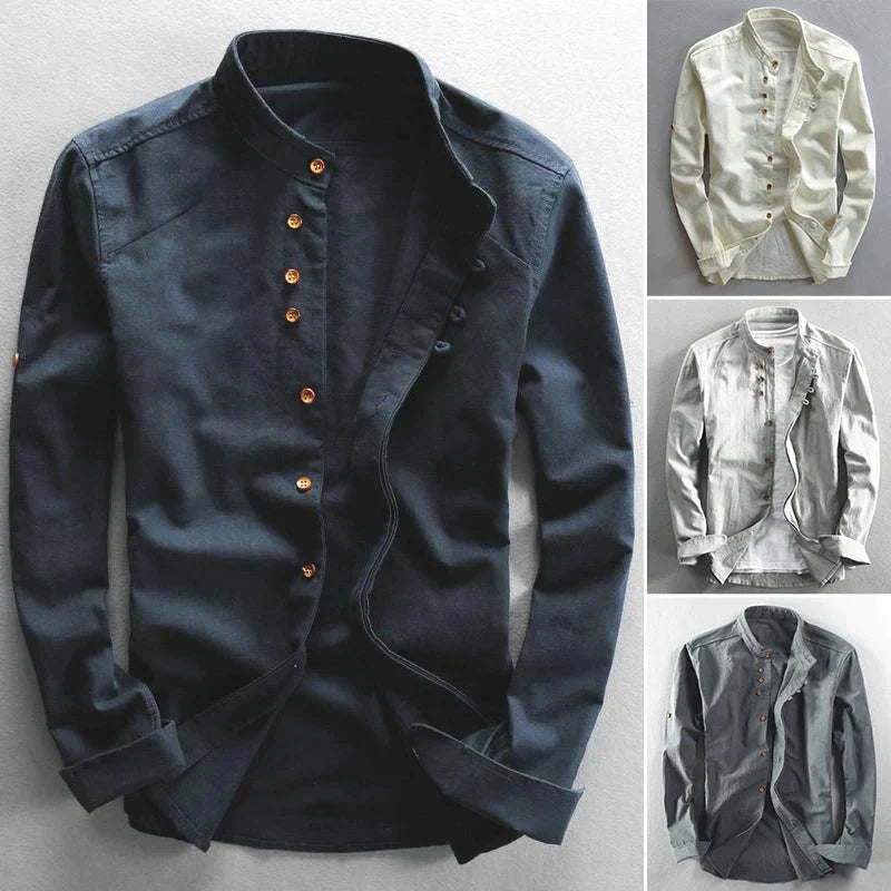 Versatile men's long sleeve band collar button-down shirt, ideal for modern casual and smart casual styling.