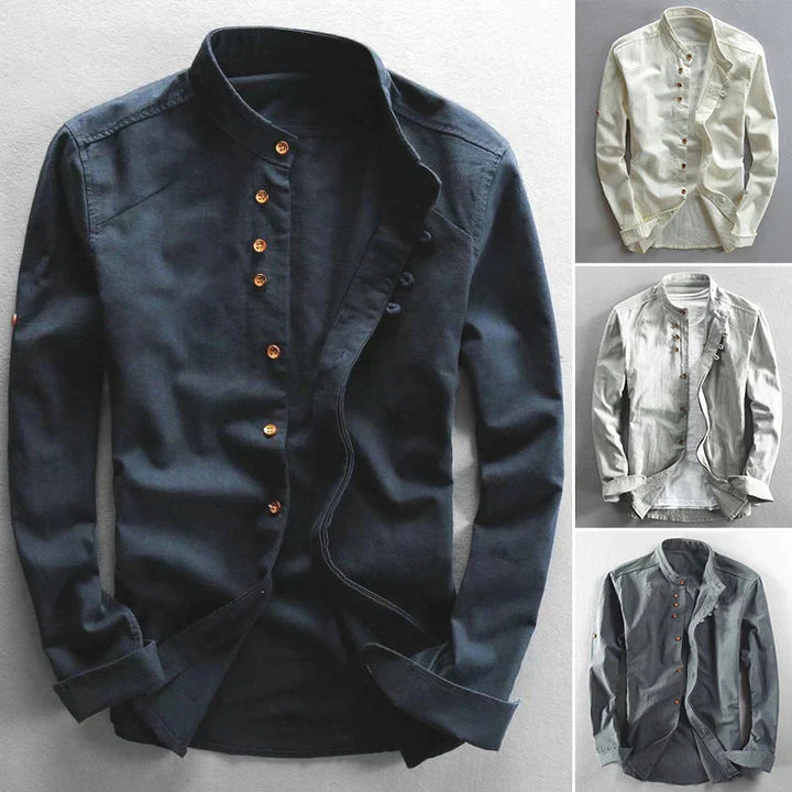Versatile men's long sleeve band collar button-down shirt, ideal for modern casual and smart casual styling.