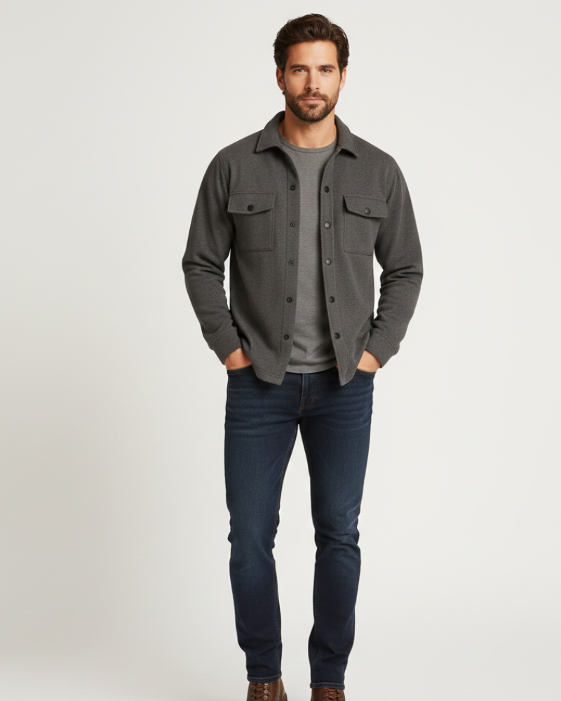 Casual men's long sleeve overshirt with button-front and chest pockets. Ideal layering piece for versatile style.