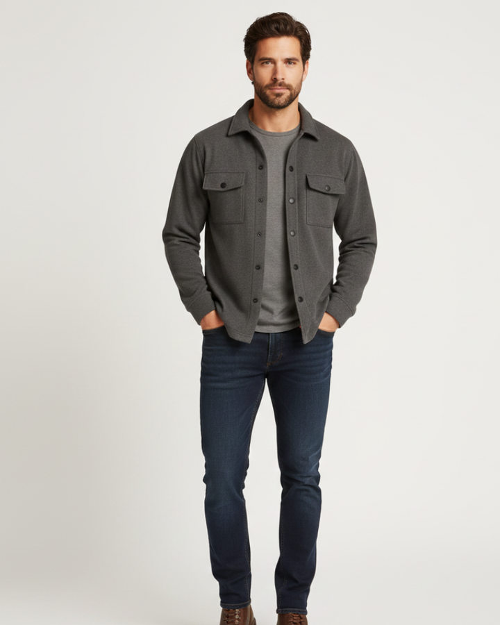 Casual men's long sleeve overshirt with button-front and chest pockets. Ideal layering piece for versatile style.