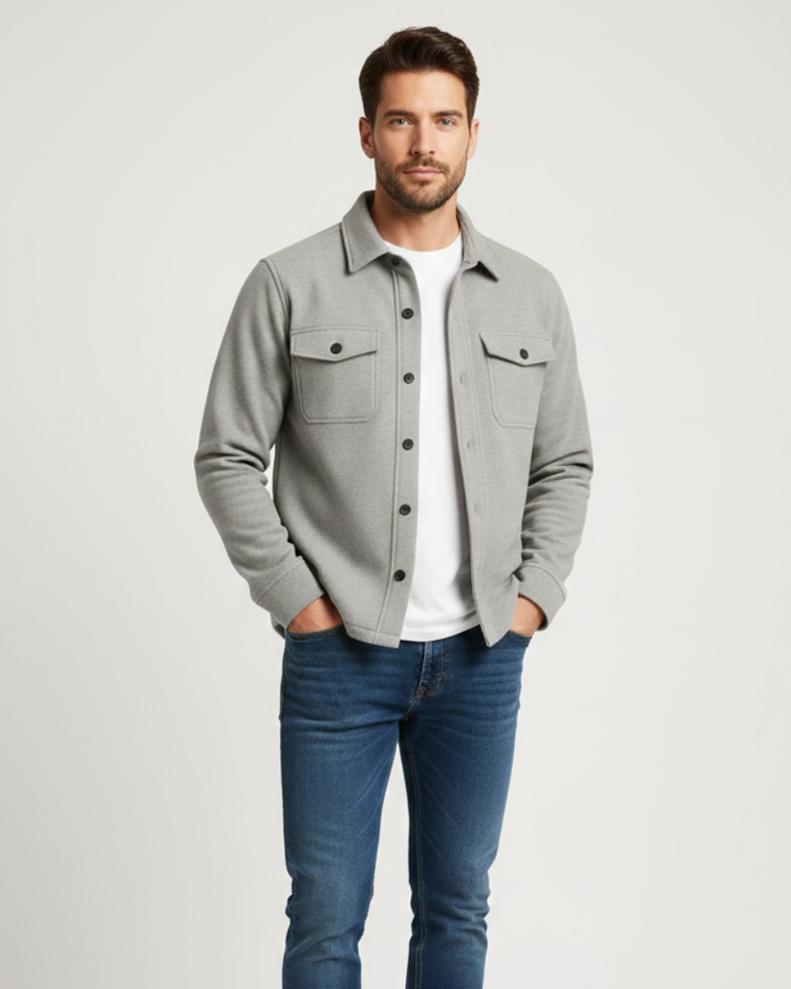 Stylish men's long sleeve button-front overshirt, perfect for smart casual looks and versatile everyday layering.