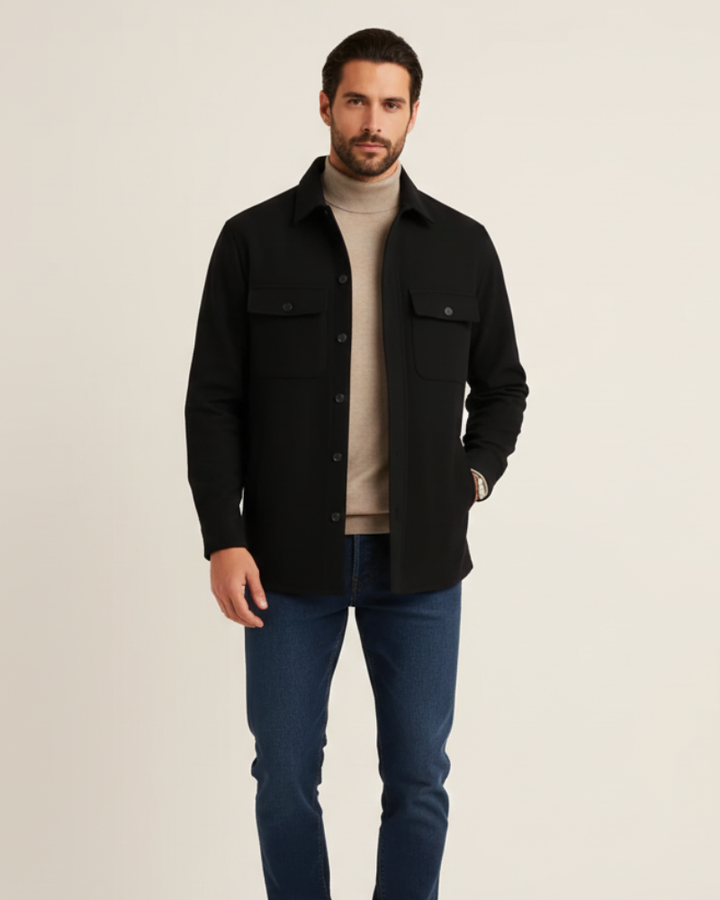 Men's versatile long sleeve button-front overshirt for smart casual layering. Perfect for everyday wear.