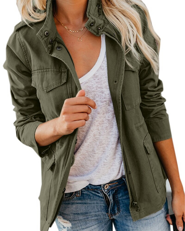 Women's lightweight zip-up jacket with practical front pockets, ideal casual outerwear for spring & fall layering.