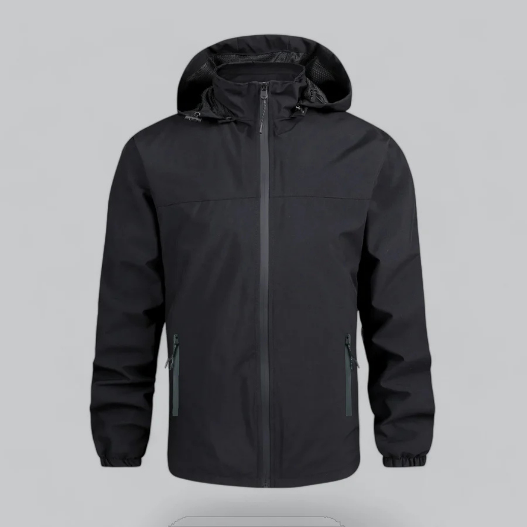 Lightweight men's waterproof hooded rain jacket. Essential outerwear for protection against wind and rain outdoors.