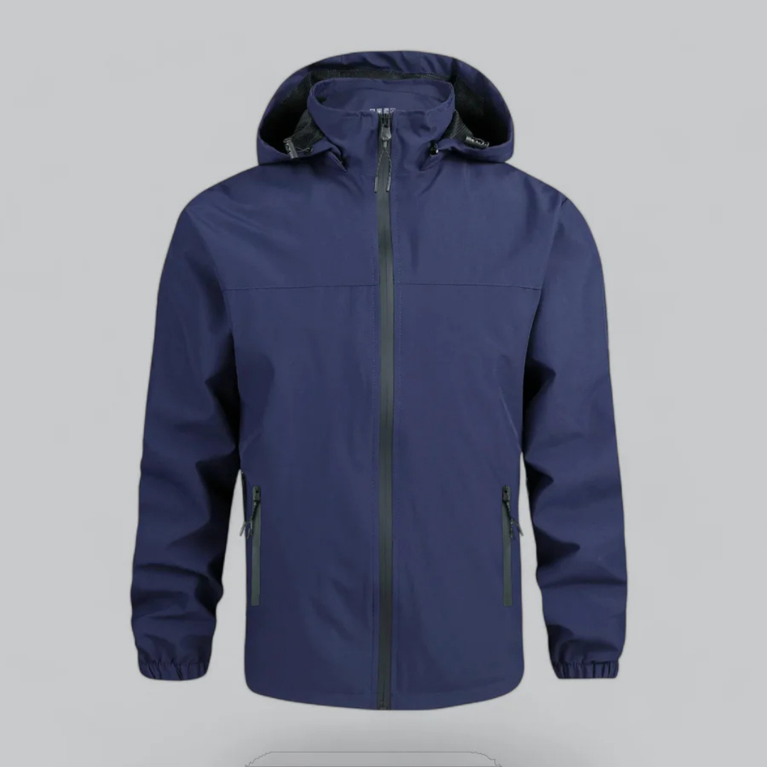 Men's waterproof hooded rain jacket for outdoor adventures. Lightweight zip-up windbreaker, ideal for spring.