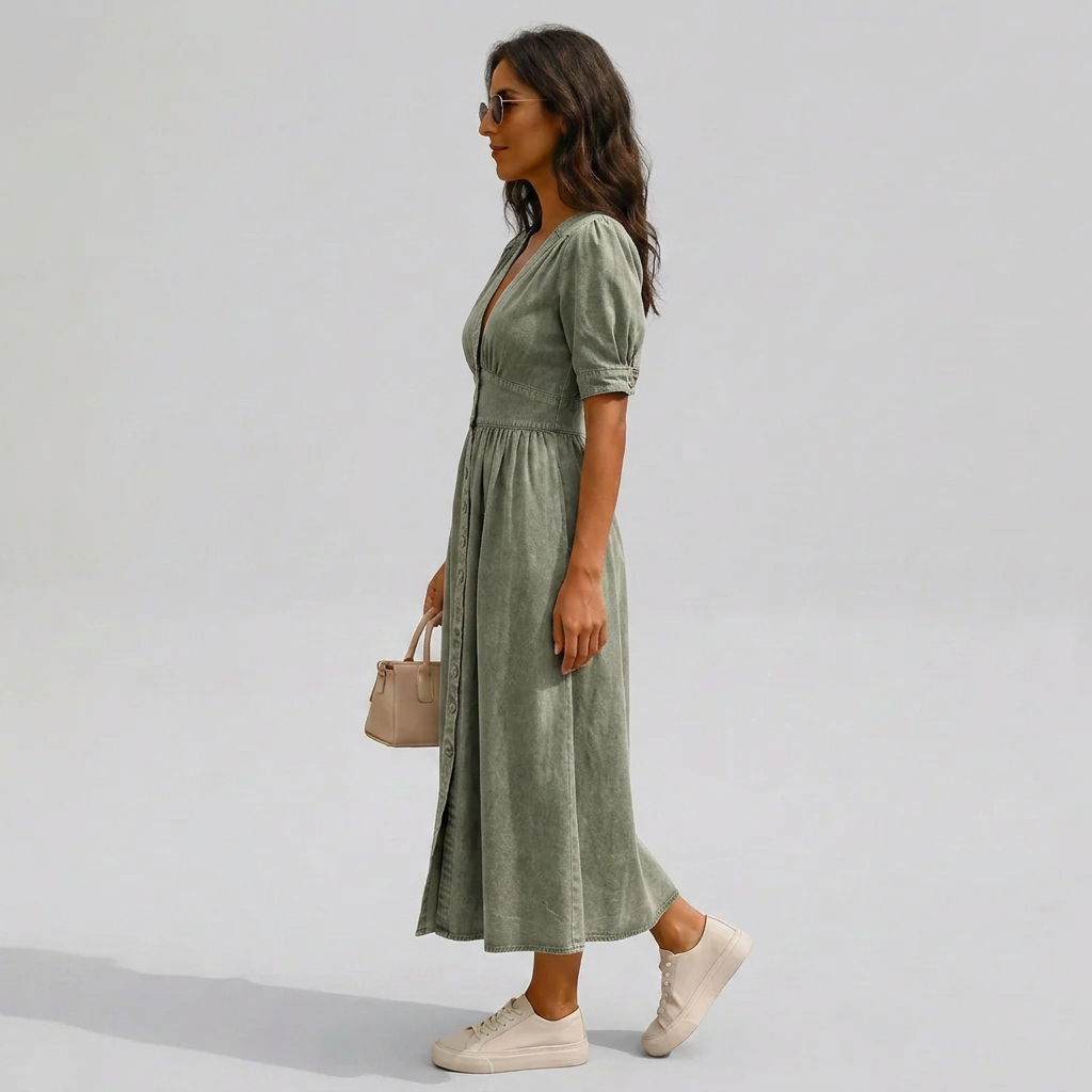 Effortless women's button-front V-neck midi dress with tie-sleeves. A chic and versatile choice for day or party wear.