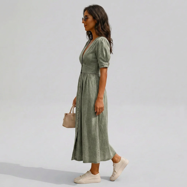 Effortless women's button-front V-neck midi dress with tie-sleeves. A chic and versatile choice for day or party wear.