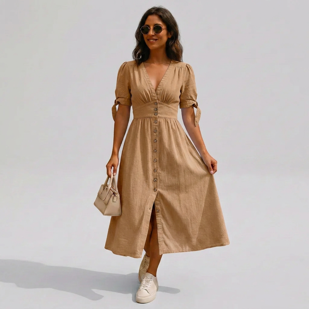 Feminine women's V-neck button-front midi dress with tie-sleeves, ideal for an elegant or casual spring & summer look.