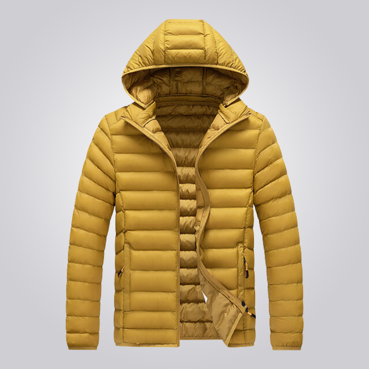 Davis & Miller men's warm puffer jacket, a premium winter coat with detachable hood for outdoor wear.