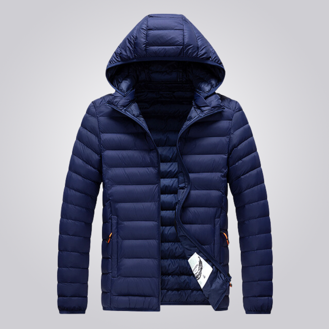 Sleek men's winter puffer coat, offering superior warmth, durability & modern style for cold weather.